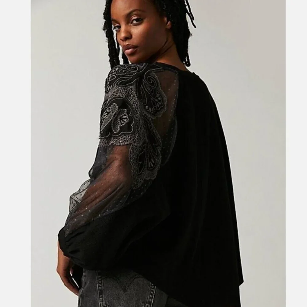 NEW Free People Toni Blouse  Black Mesh  Lace Trim Super Oversized